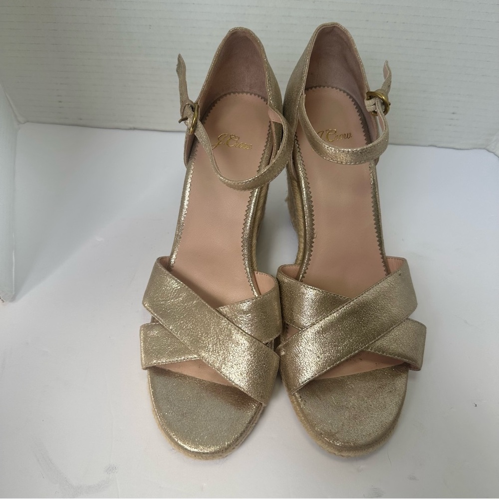 J. Crew Women’s Metallic Gold Wedge Espadrille Sandals with Ankle Strap-Size 8.5 - Picture 10 of 14